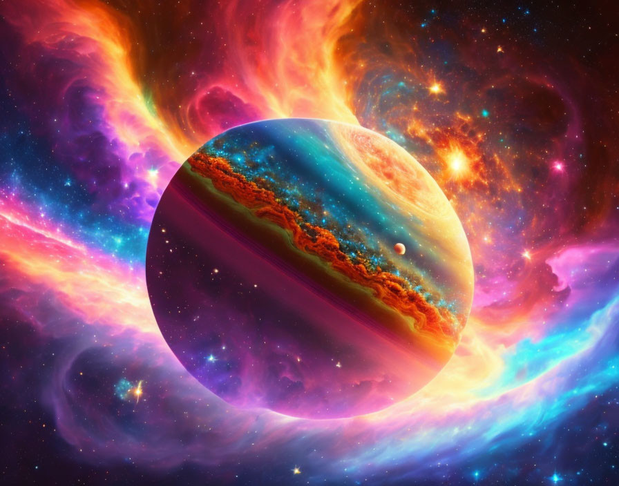 Colorful Space Scene with Detailed Planet and Moons in Nebulae Backdrop