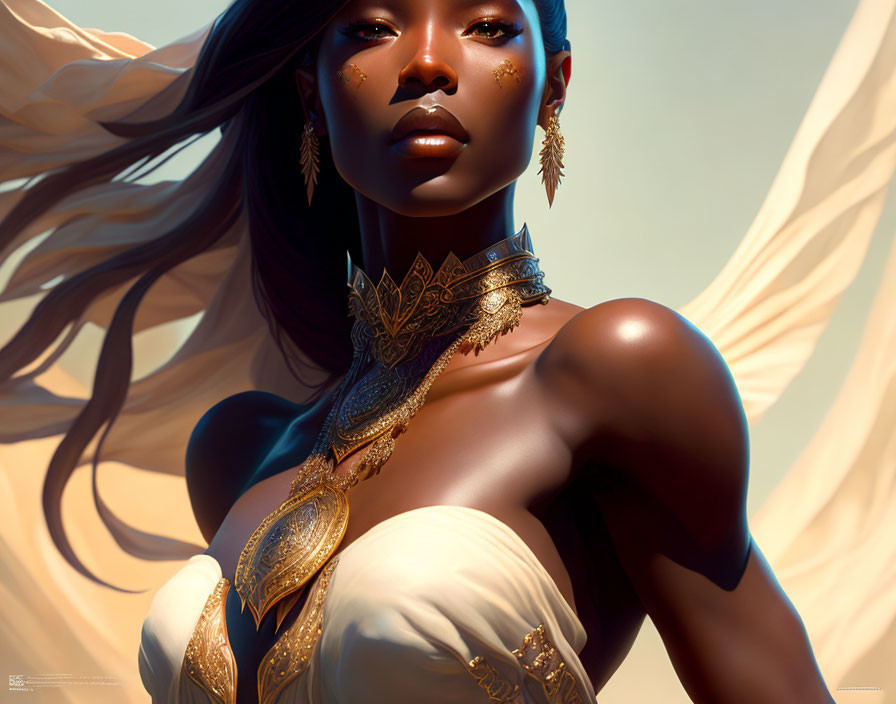 Digital Artwork: Elegant woman with dark skin, flowing hair, and golden jewelry