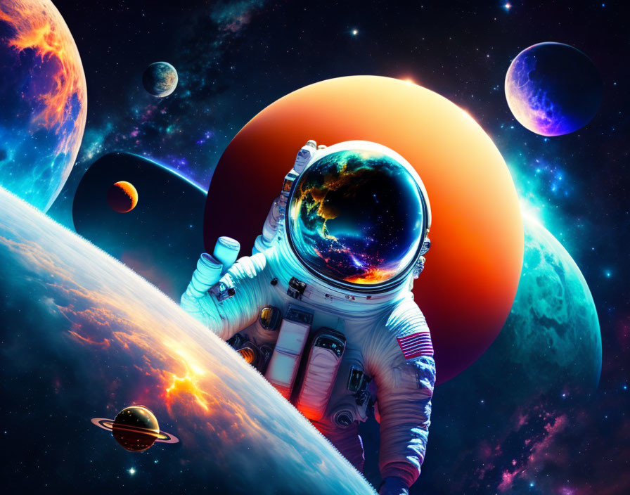 Astronaut in reflective helmet floats in outer space with colorful planets and stars.