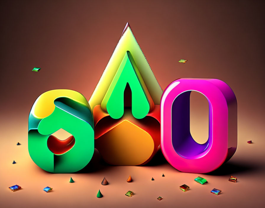 Vibrant 3D letters "S," "A," and "O" with glossy surfaces