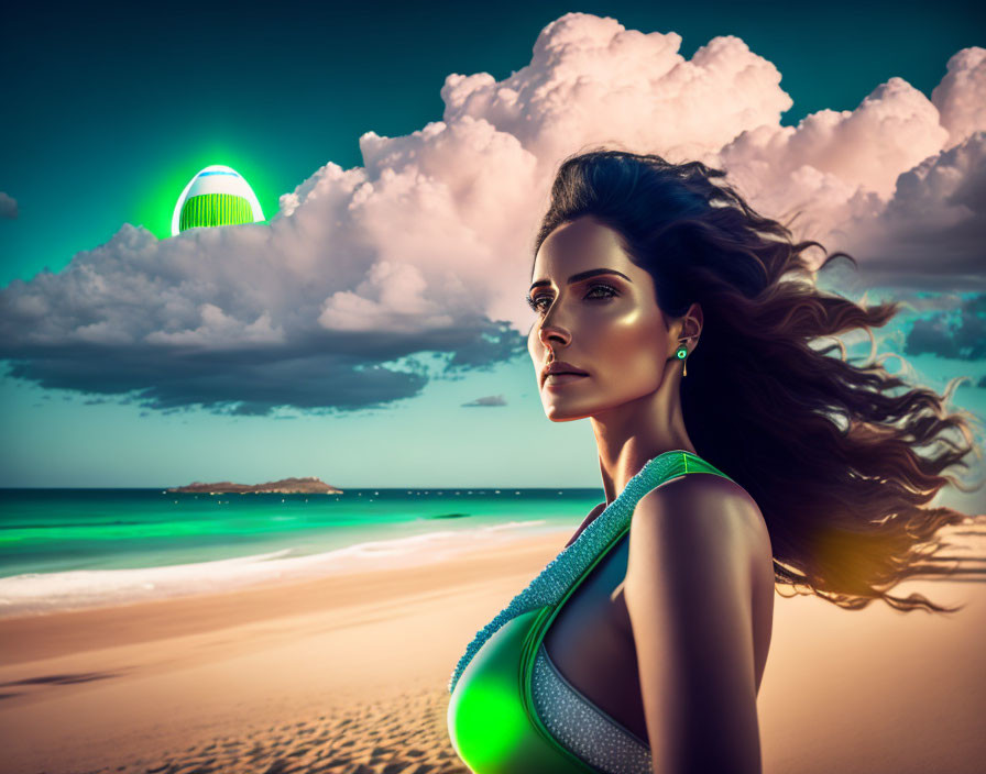 Woman on beach at dusk with hair blowing, surreal green glow, and futuristic structure.