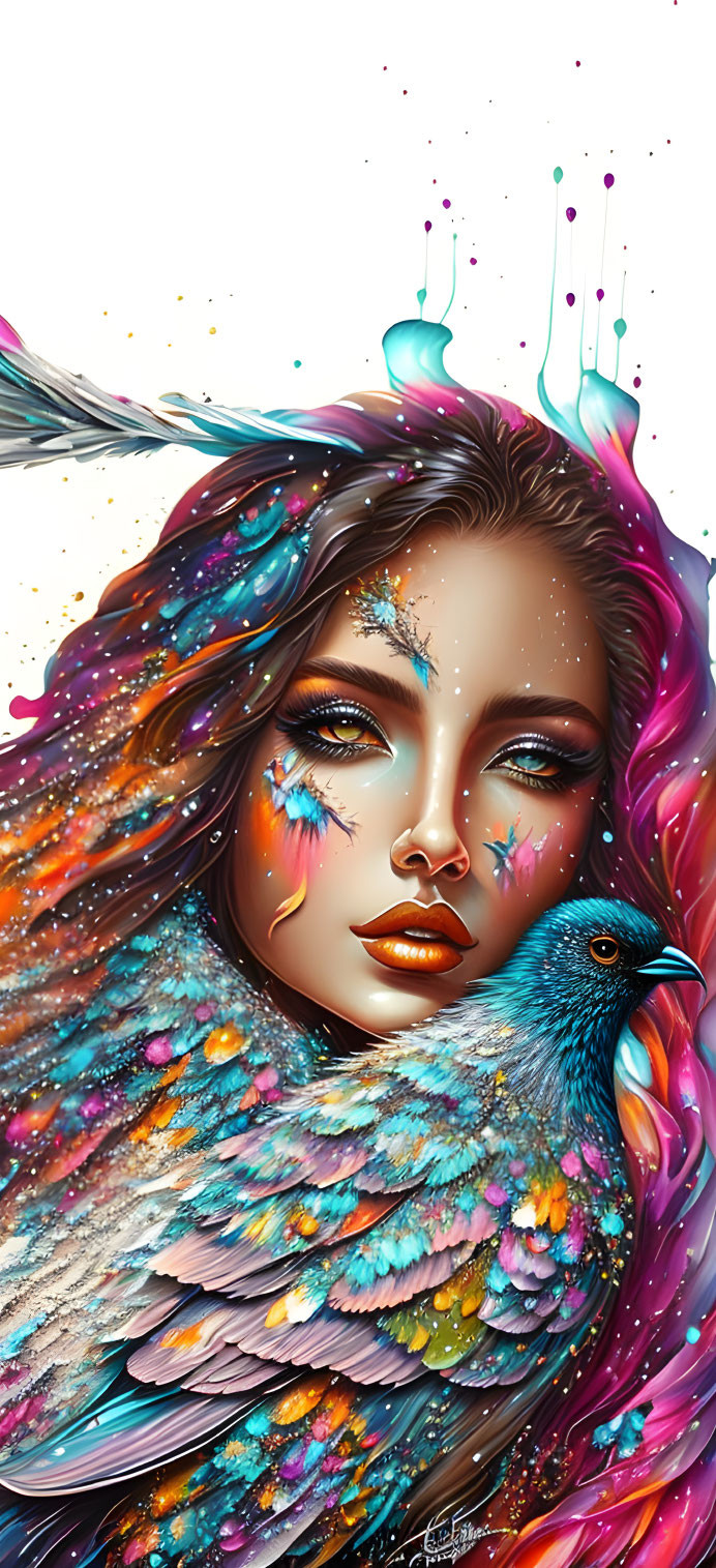 Colorful digital artwork of woman with vibrant paint-like hair hugging bird with vivid plumage