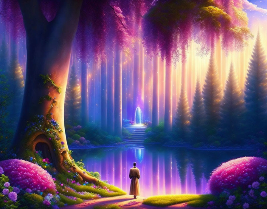 Mystical forest scene with person by serene lake, light beams, flowers, and ethereal glow