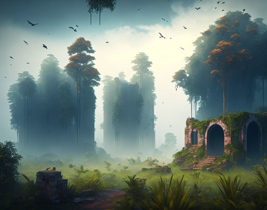 Ethereal misty forest with towering trees and ancient ruins.