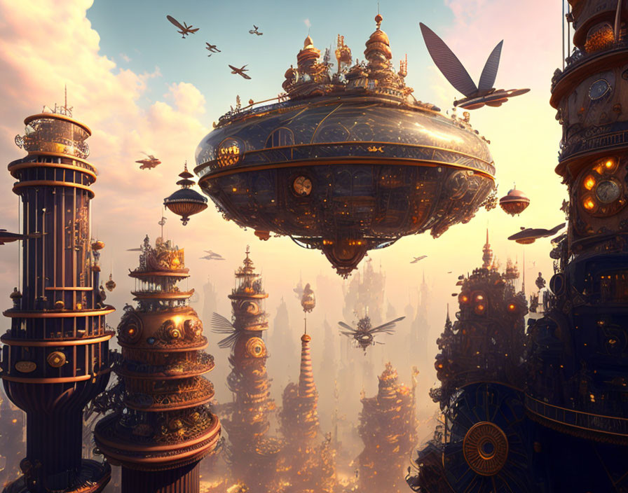 Futuristic cityscape with floating golden buildings and flying machines