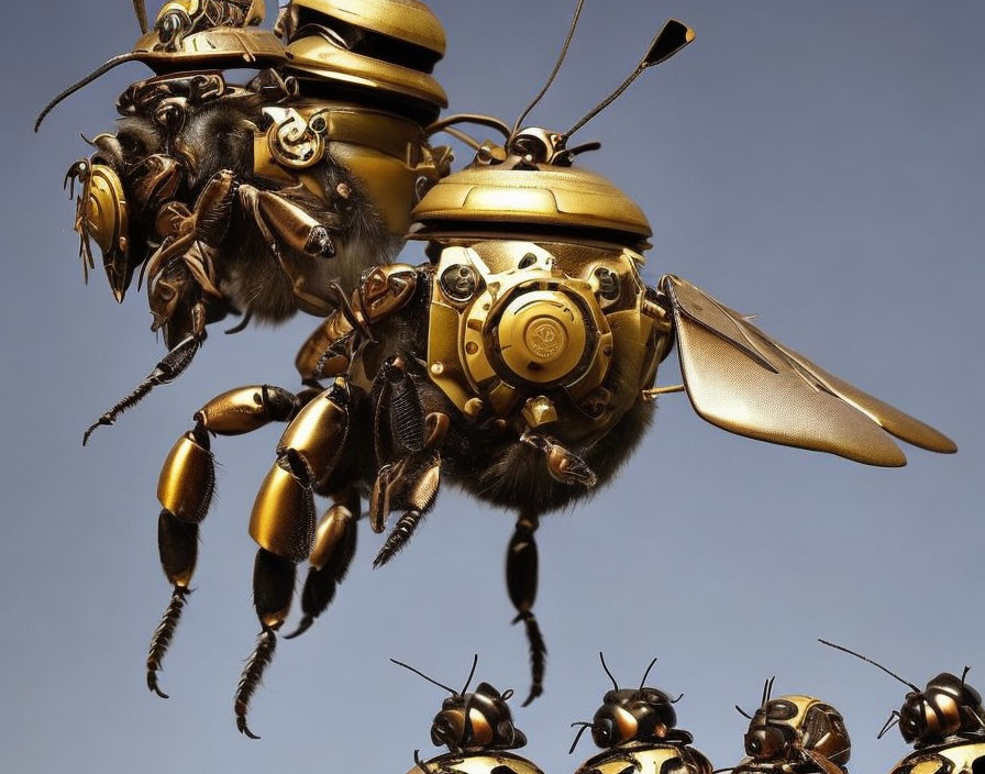 Robotic Bees Swarm with Gold and Black Bodies on Neutral Background