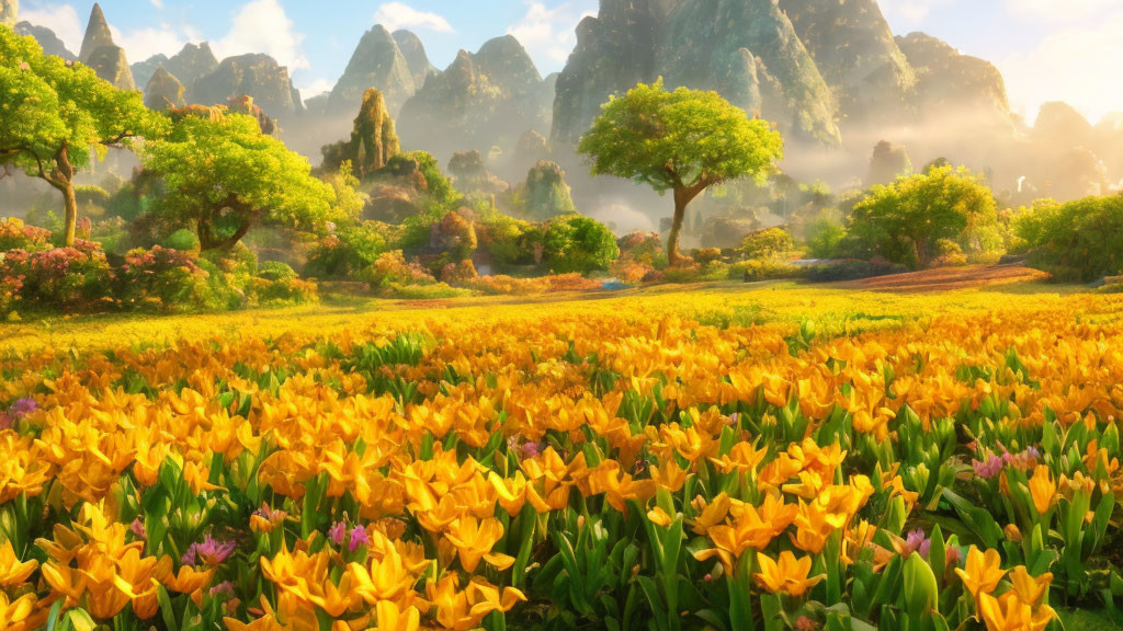 Scenic landscape with yellow flowers, green trees, and misty mountains