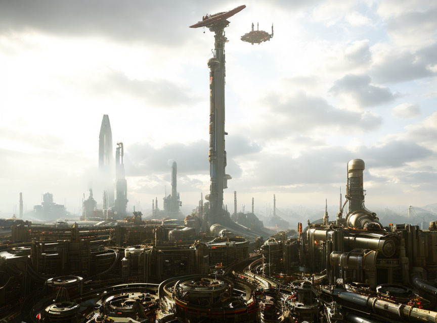 Futuristic industrial cityscape with towering spires and flying vehicles