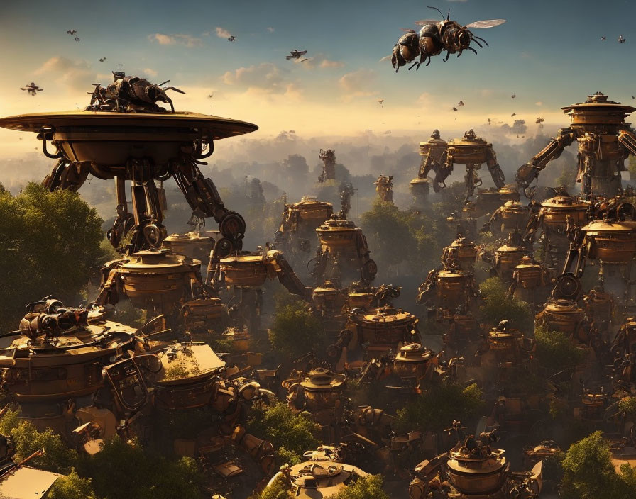 Futuristic sci-fi cityscape with robotic structures and flying bees