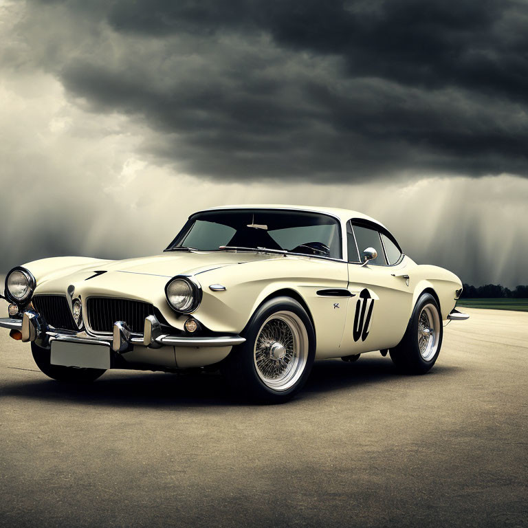 Classic Sports Car Drives on Desolate Road Amid Stormy Sky