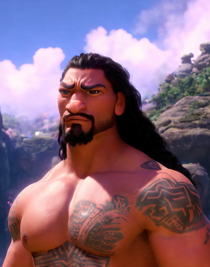 Broad-shouldered, tattooed animated character in mountainous setting