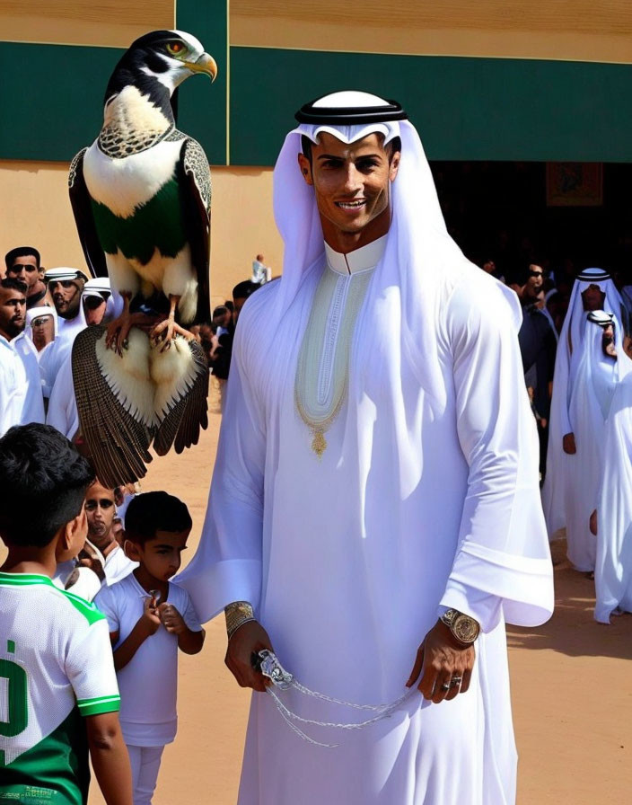 Traditional Arabic attire man holding falcon in photo with onlookers