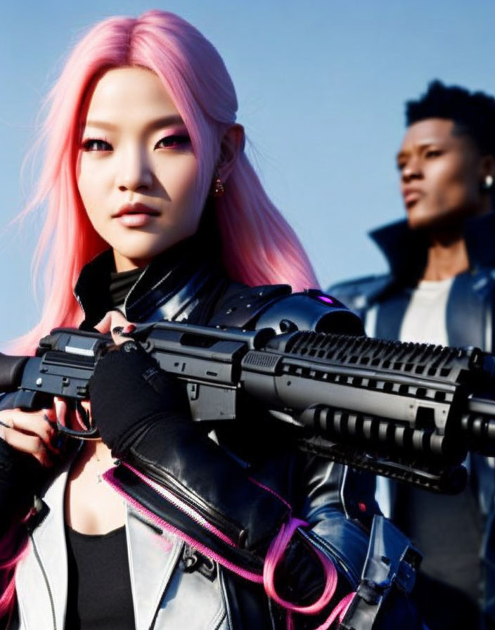 Digital art: Woman with pink hair and man in black, woman holding rifle