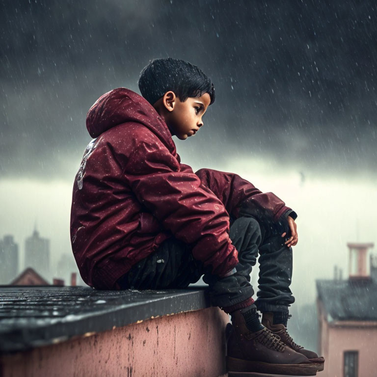 Young boy in burgundy jacket sits on high ledge in rainy cityscape