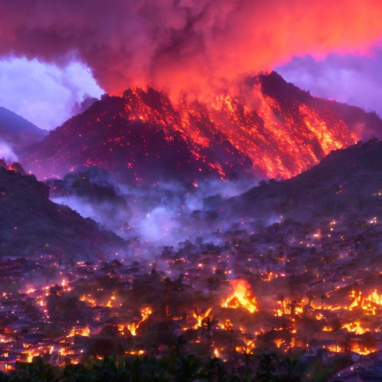 Nighttime volcanic eruption with flowing lava threatening residential area below.