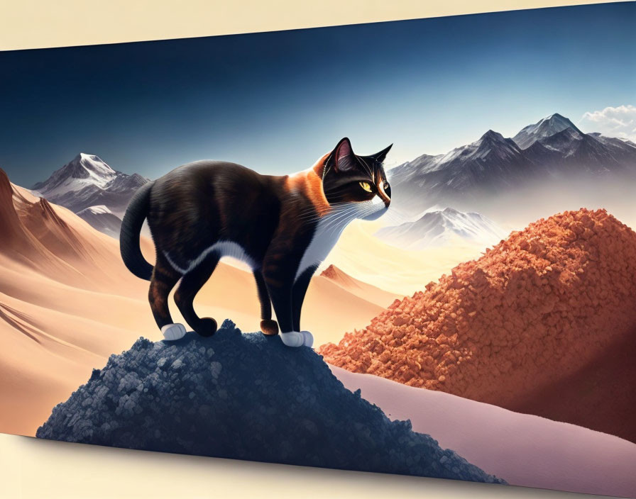 Calico Cat on Surreal Landscape with Blended Mountains and Desert-Like Hills