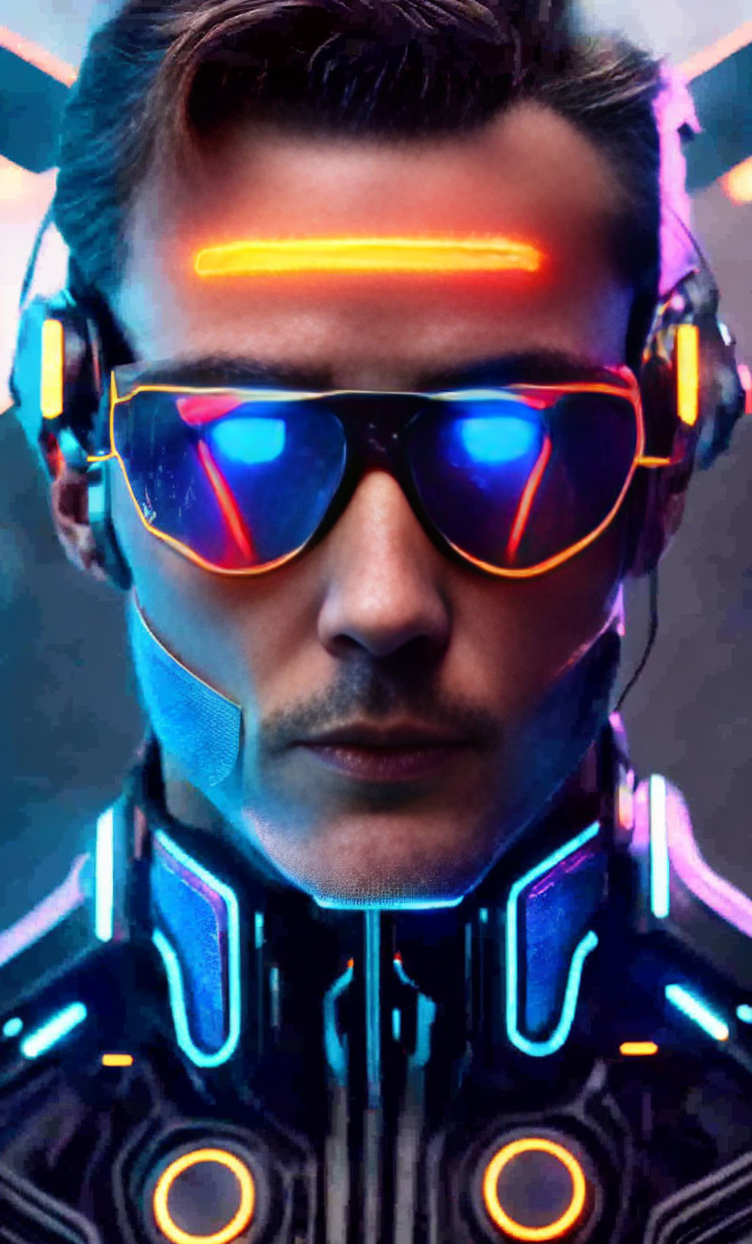 Cyberpunk man in glowing visor sunglasses and headphones, surrounded by neon lights.