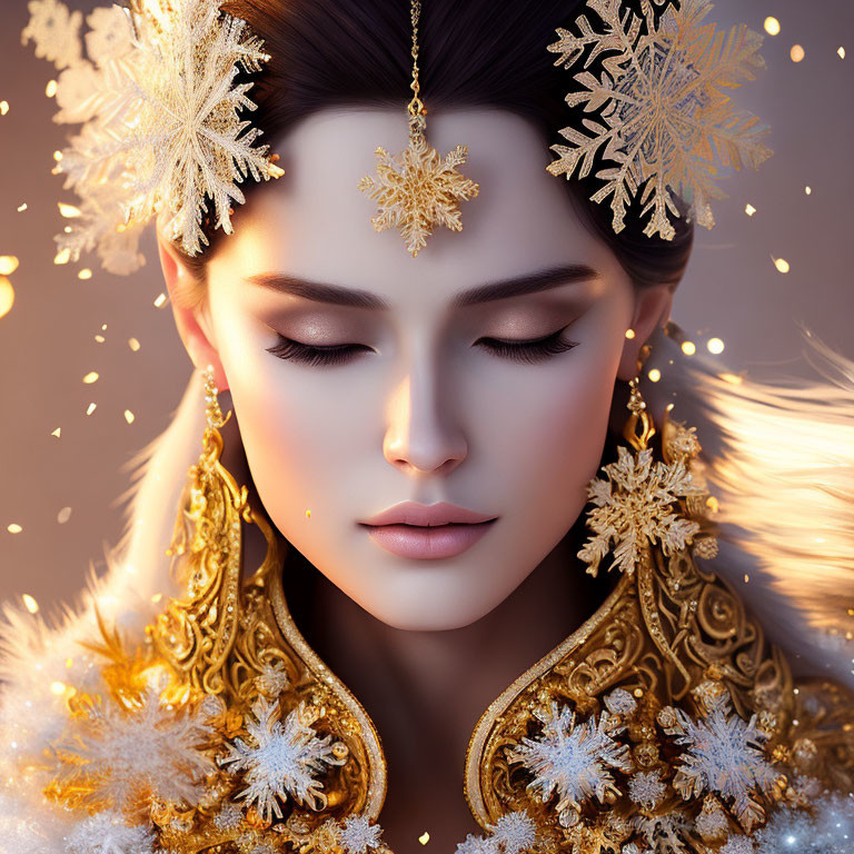 Woman with gold jewelry and snowflake ornaments against warm backdrop