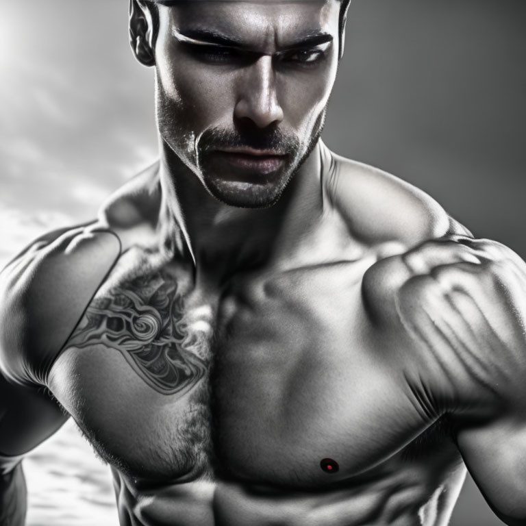 Muscular Tattooed Man with Intense Expression in Moody Sky Portrait