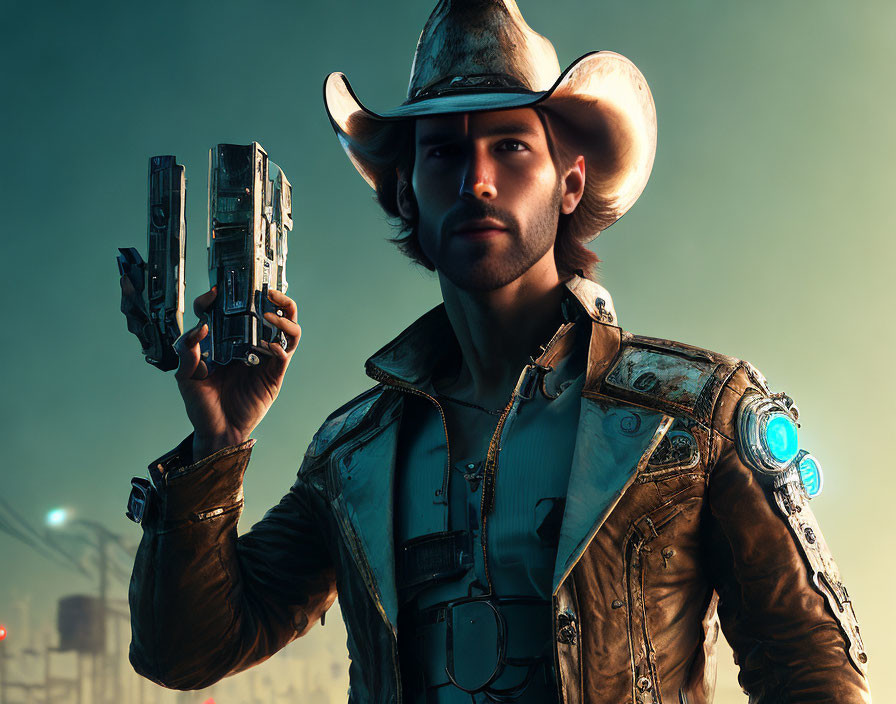 Futuristic cowboy with cybernetic arm holding high-tech gun in neon-lit setting