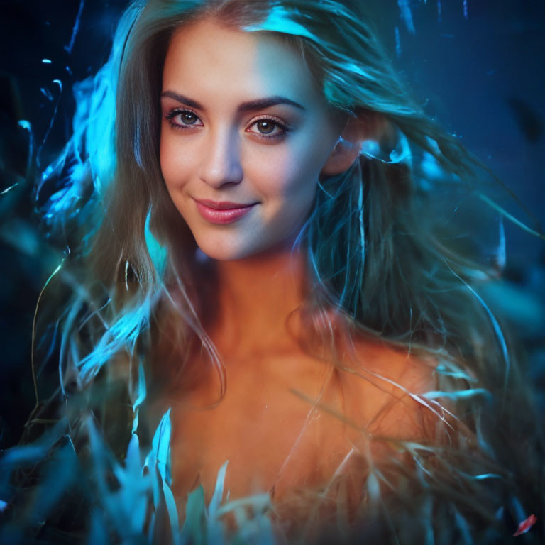 Blonde woman portrait in mystical blue light with foliage