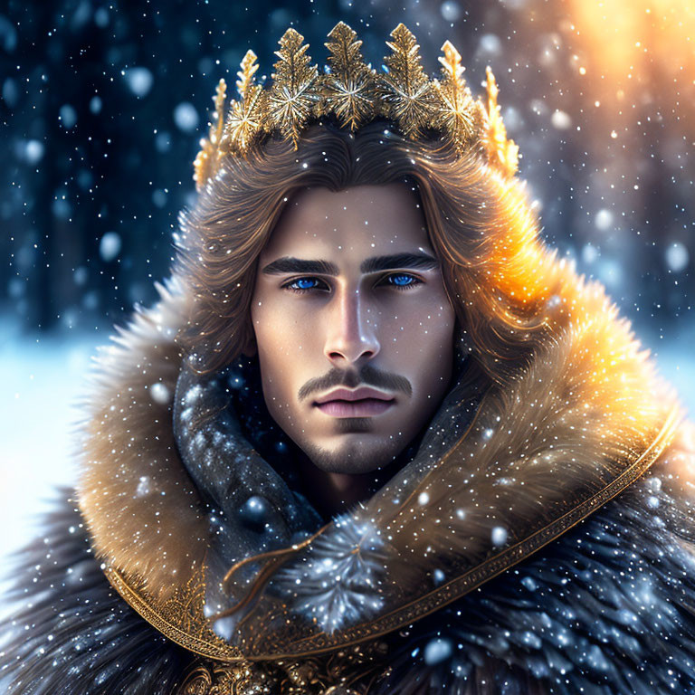 Regal man with fur cloak and golden crown in snowy setting