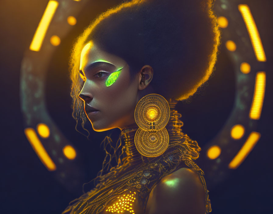 Futuristic afro woman with gold jewelry on dark background