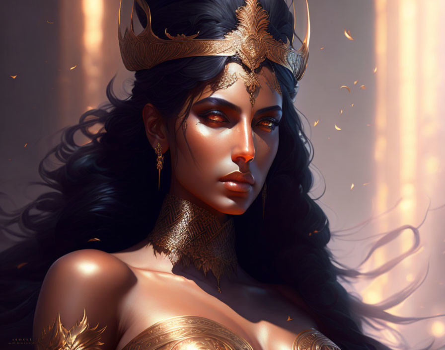 Dark-haired female with golden crown and jewelry in warm light exudes powerful aura