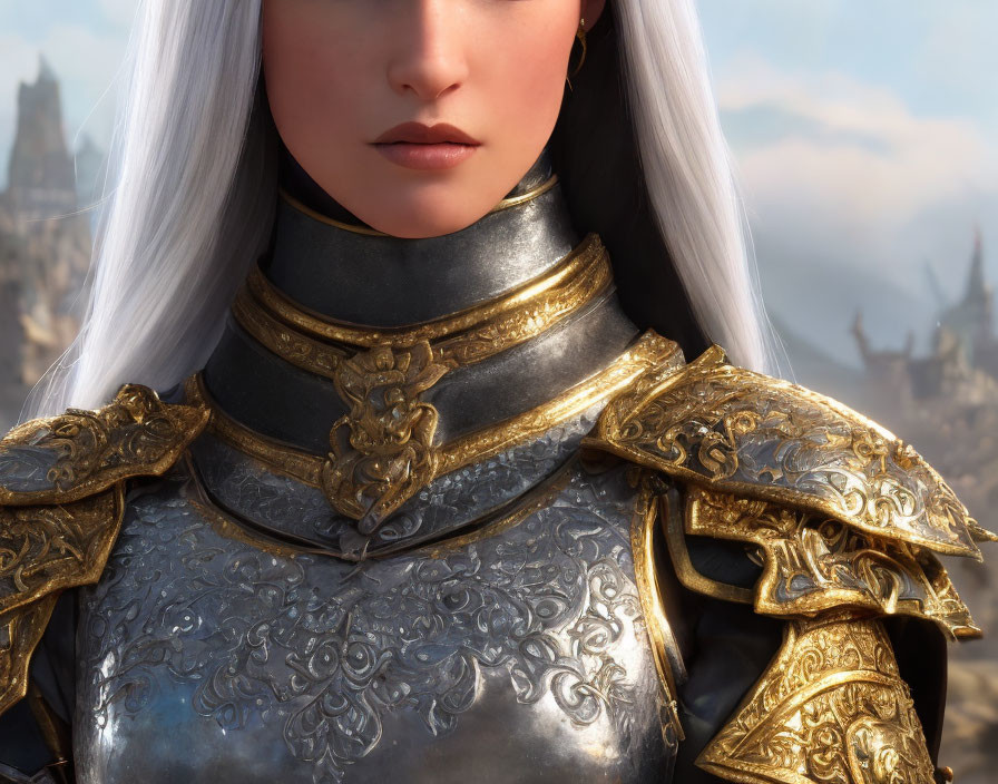 Silver-armored character with gold details, white hair, and pointy ears.