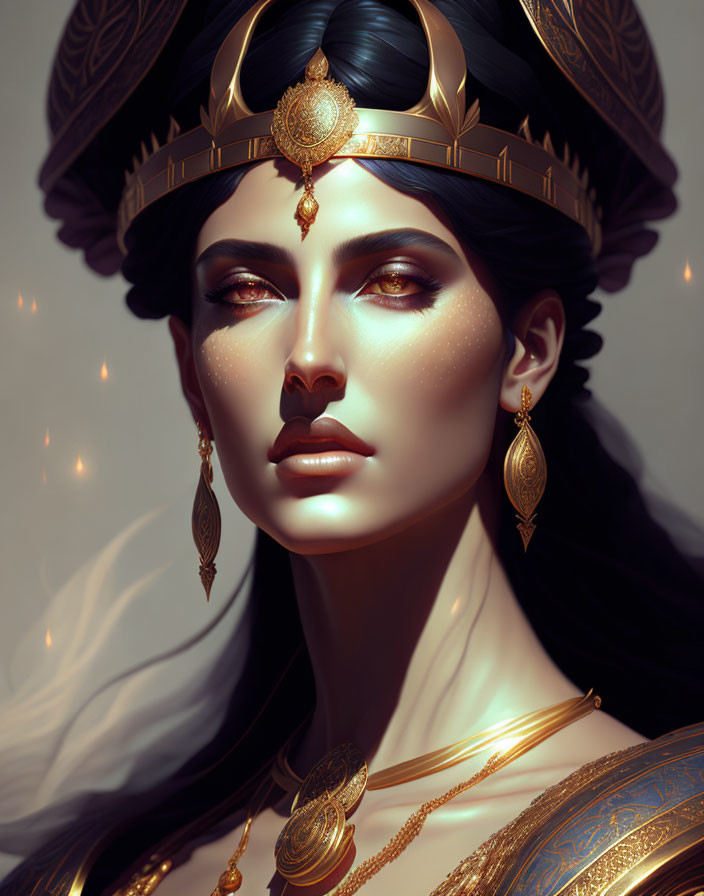 Majestic woman with regal headdress and gold jewelry portrait.