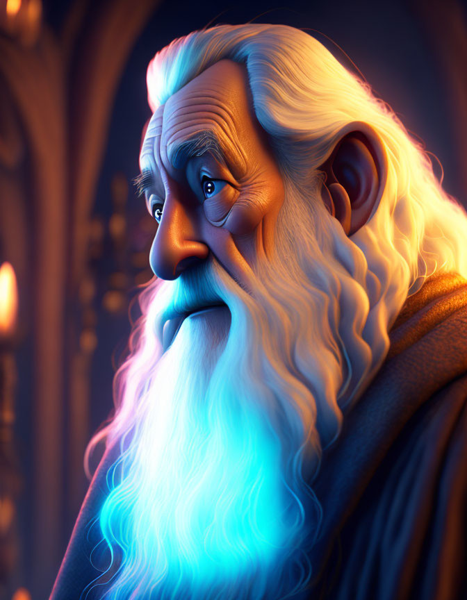 Elderly wizard with long white beard and blue eyes in mystical light