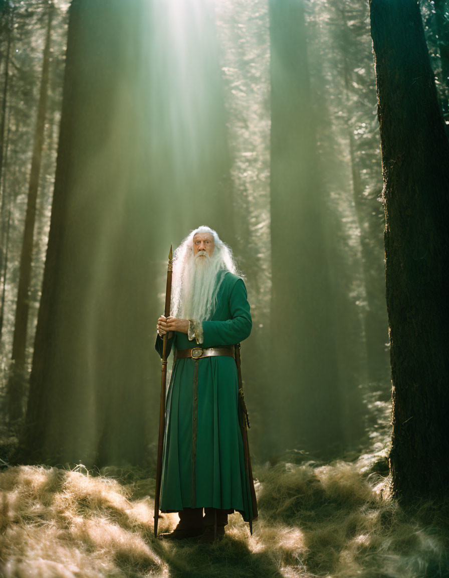 Elderly bearded figure in teal robe with staff in forest setting