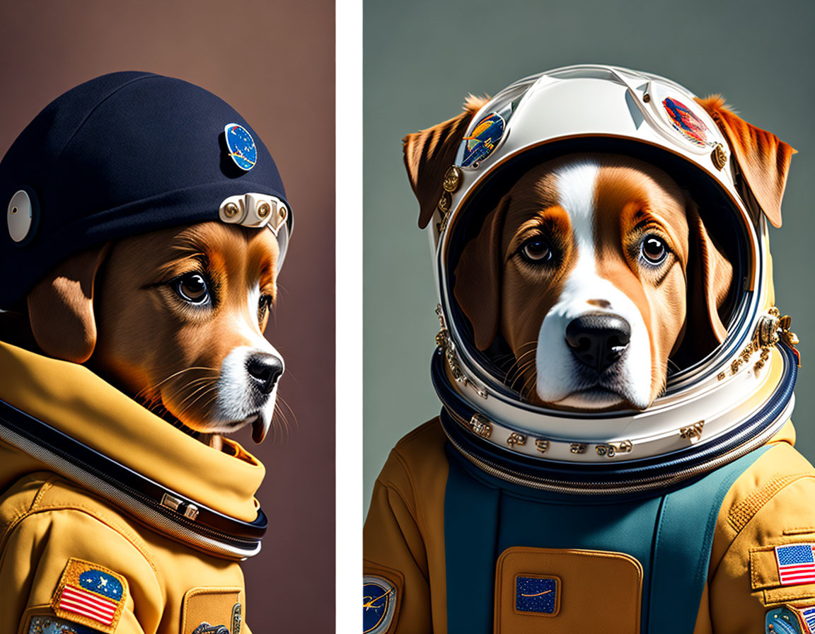 Two dogs in police and astronaut costumes on dual-color backdrop