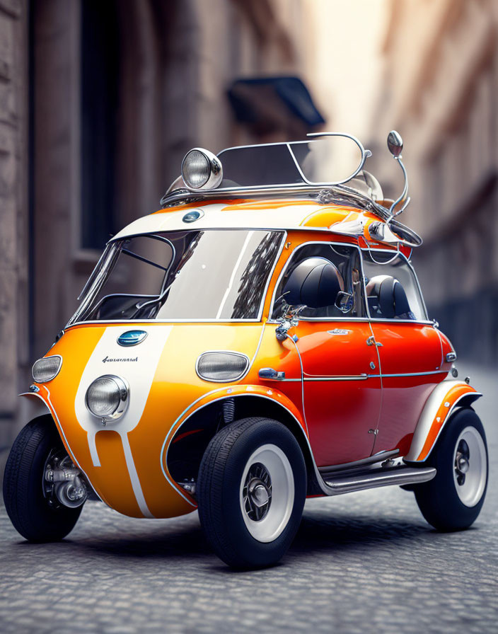 Vintage Orange and White Bubble Car with Surfboard on Cobblestone Street