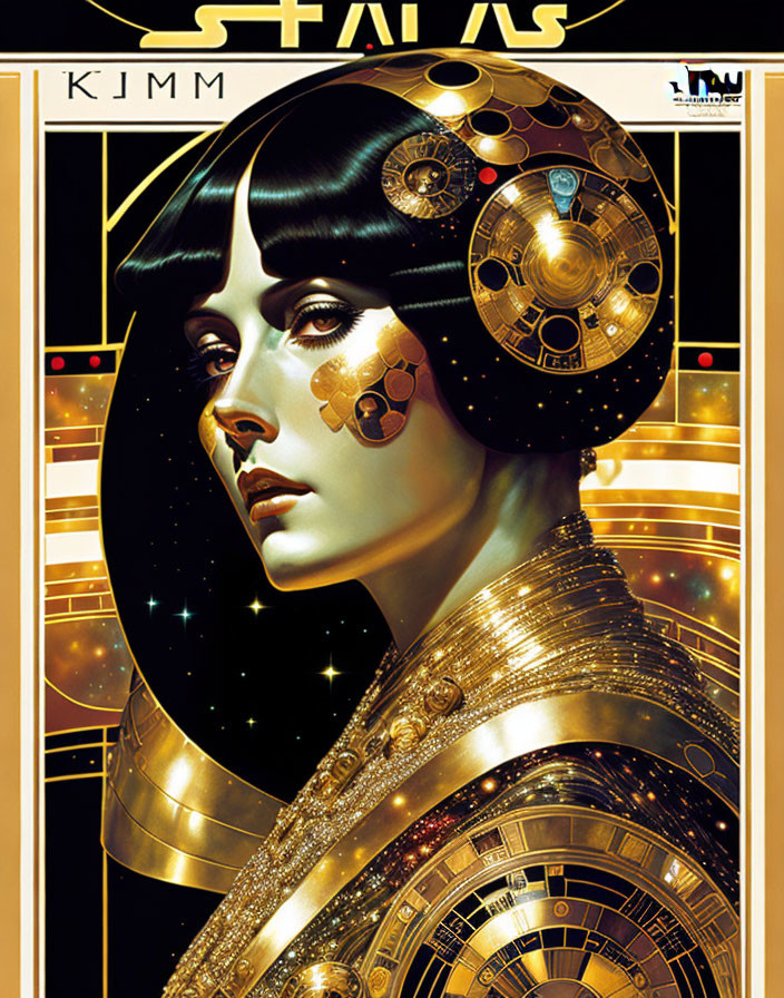 Futuristic space-themed poster with woman in golden and black attire