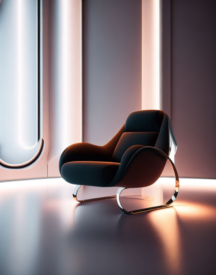 Sleek Black Lounge Chair with Metallic Base in Neon-lit Setting