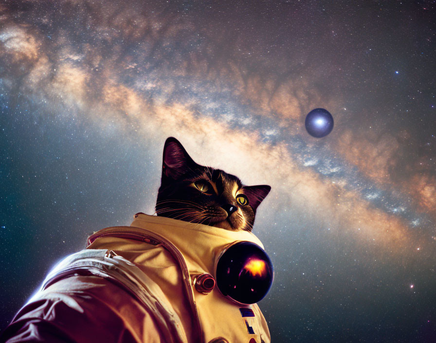 Cat in spacesuit against cosmic background with stars, nebula, and planets.