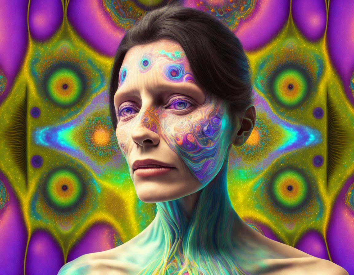 Colorful Patterns on Woman's Face and Neck with Psychedelic Background