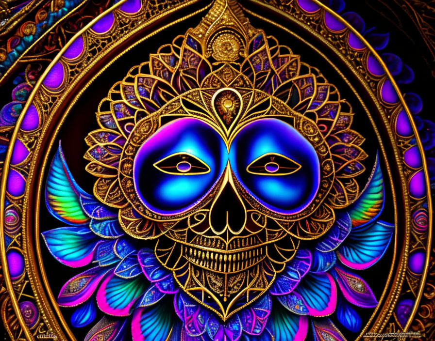 Colorful Skull Artwork with Psychedelic and Cultural Motifs