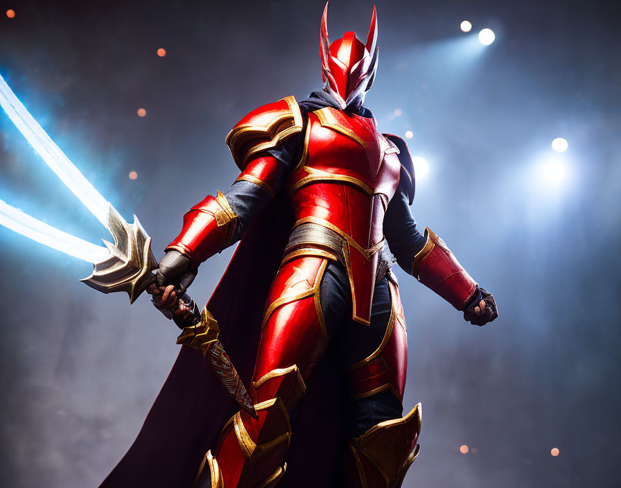 Elaborate red and gold superhero in dramatic pose with glowing blue sword