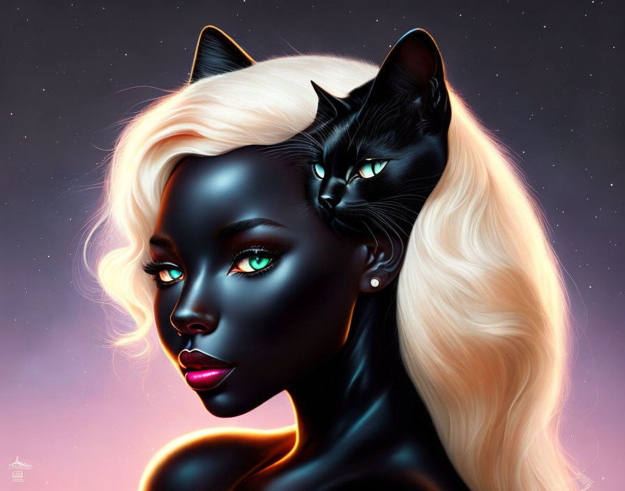 Digital artwork of woman with dark blue skin blending with black cat