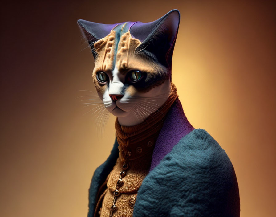 Anthropomorphic cat in purple top, gold-buttoned vest, and coat on amber background