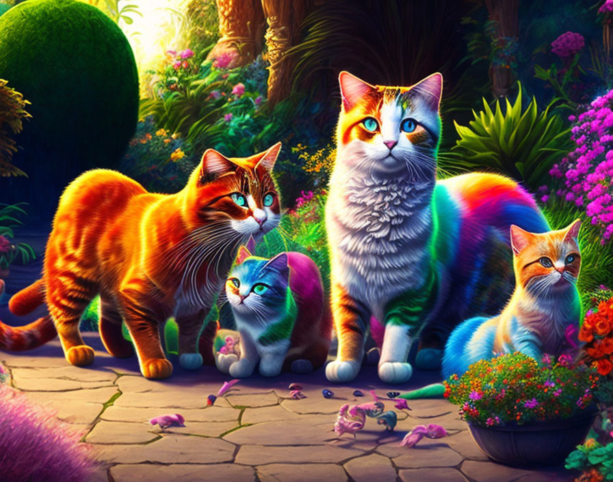 Four vibrant, colorful cats in a magical garden setting