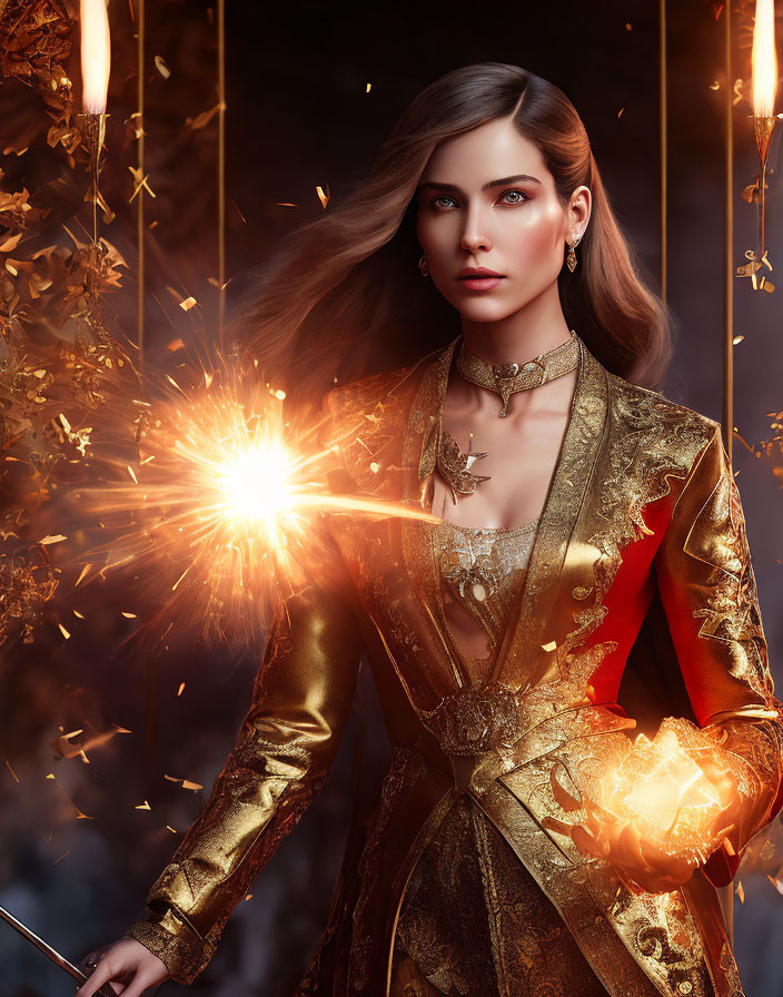 Woman in golden medieval outfit holding glowing orb in mystical setting