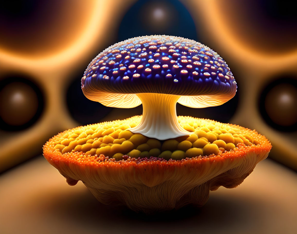 Colorful digital artwork of stylized mushroom with glowing blue cap and textured orange underside on dark background.