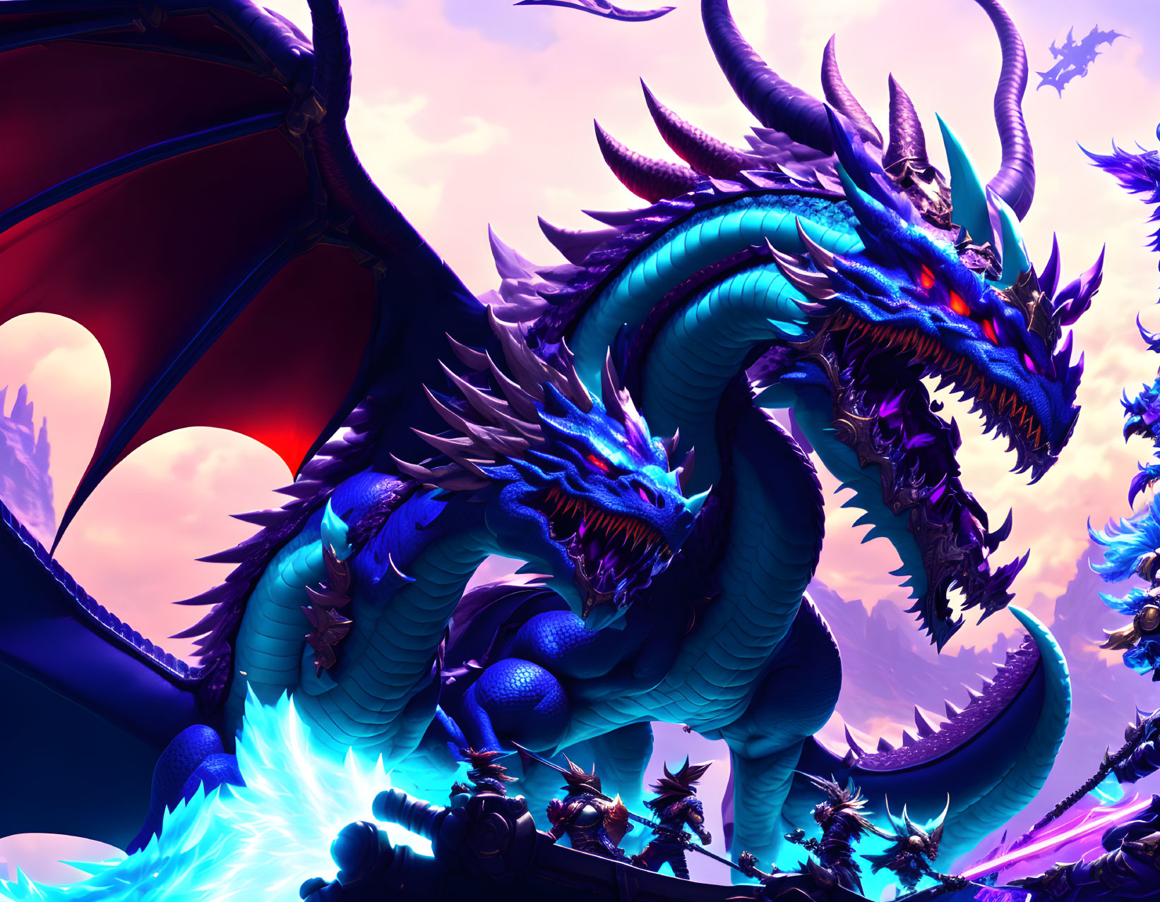 Vivid digital artwork: Multi-headed blue dragon in dramatic sky