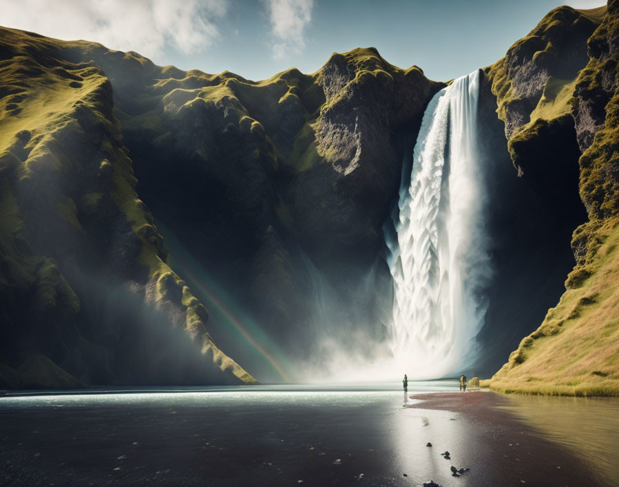 Majestic waterfall cascading down green cliff with rainbow and silhouettes