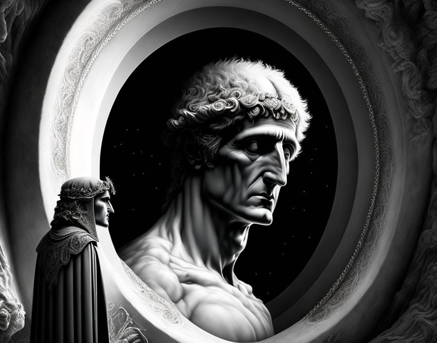 Monochrome surreal artwork of classical sculpture profile with cosmic background in ornate frame and smaller figure