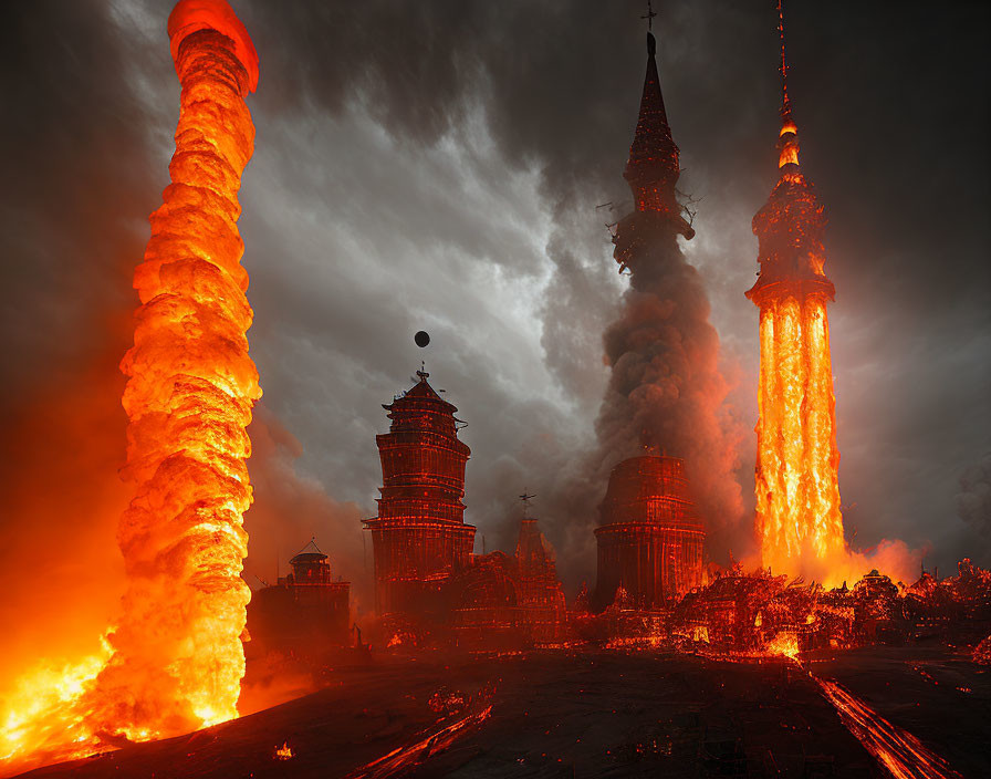 Dramatic scene of towers engulfed in flames with lava eruptions