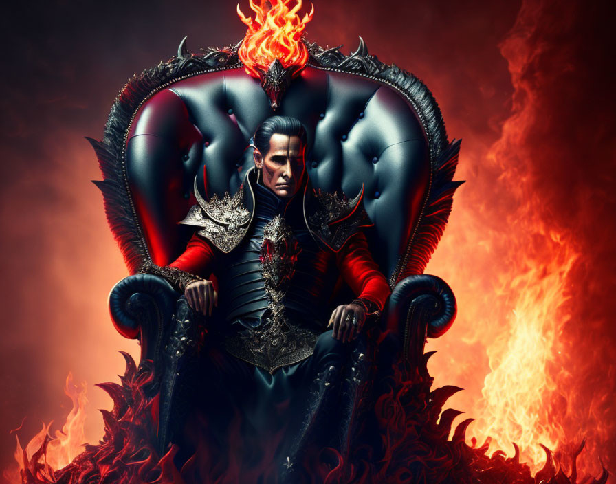 Regal figure on ornate throne surrounded by flames